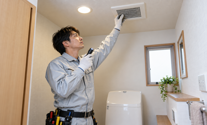 トイレ照明と換気扇の操作を確認する電気工事士のイメージ
