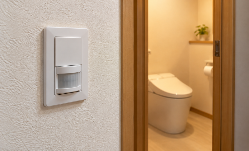トイレの入口に設置された人感センサー付きスイッチのイメージ